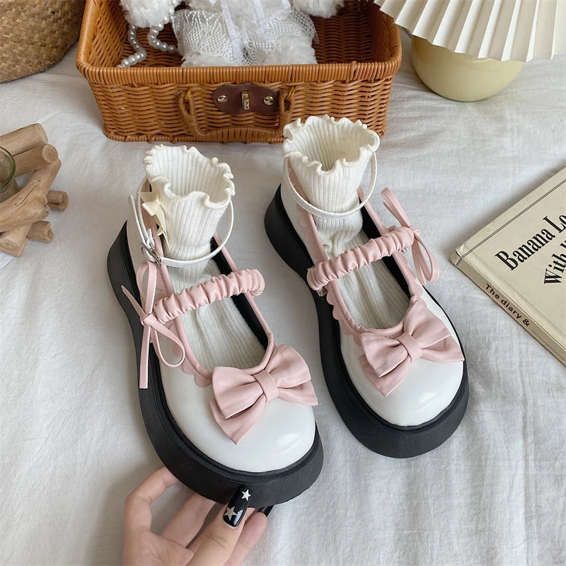 Soufree  - Lolita Sweet Bow Thick Bottom Small Cos Jk Leather Shoes Women's Summer/autumn Kawaii Loli Stage Dance Shoes