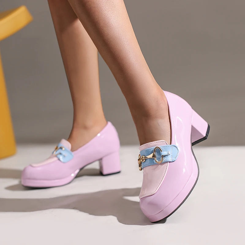 Soufree  -  Platform Heel Loafer Shoes for Women Lolita Bow Contrast Color Pumps Women Chunky Heel Slip-on Leather Shoes Tide Golden Buckle