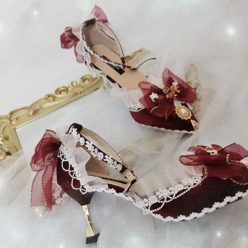 Soufree  -  Gorgeous Retro Red Pomegranate Lolita Flower Wedding High Heels Y2k Shoes Lolita Sweet Knot Shoes for Women Elegant and Classy