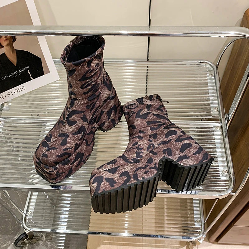 Soufree  -  Punk Style Platform Women Ankle Boots Fashion Leopard Short Booties Vintage Thick Heels Ladies Shoes