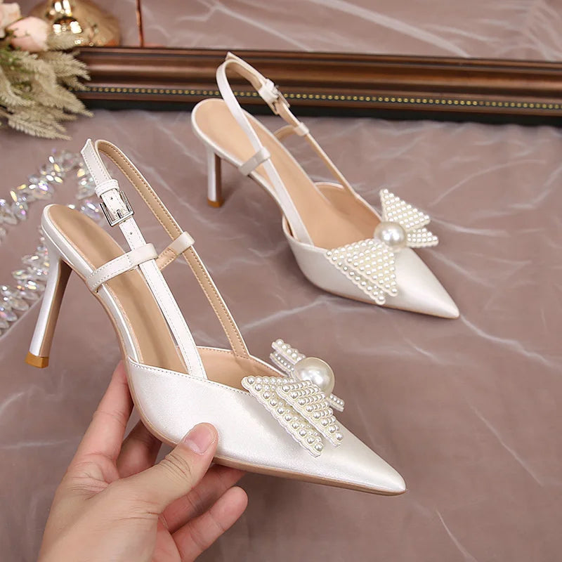 Soufree  - French Wedding Shoes Women New White Bridesmaid Shoes Bow High Heels Elegance Sandals