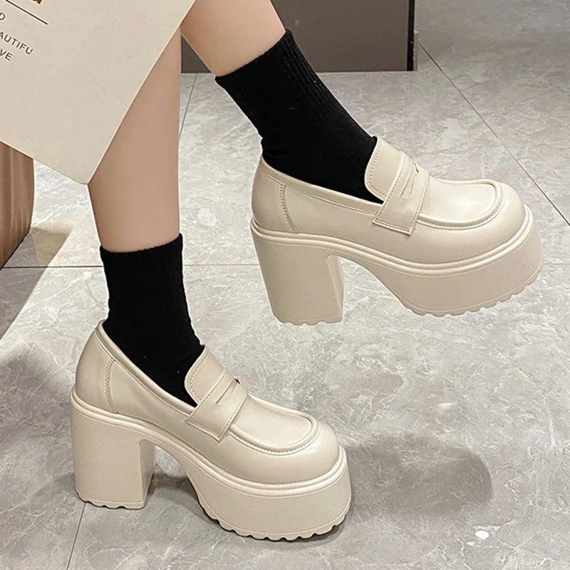 Soufree  -  Black White Chunky Platform Loafers Women Autumn Thick High Heel Pumps Woman Slip On Pu Leather Goth Shoes Female