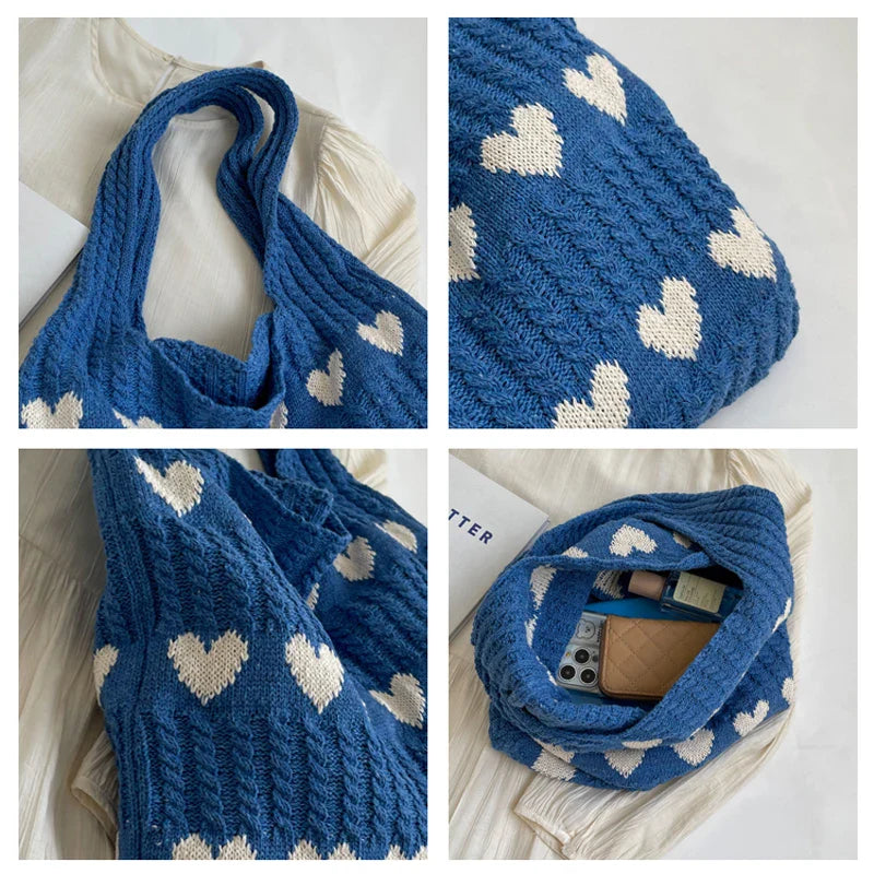 Soufree  -  Heart Knitted Women's Bag Knit Eco Bag Korean Foldable Shopper Y2K Crochet Rope Shoulder Bag Sweet Knitting Handbag Ins Tote Bag