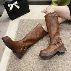 Soufree  - Fashion Belt Buckle Gothic Boots for Women Brown Thick Heels Knee High Combat Boots Woman Plus Size 42 Punk Long Botas Female