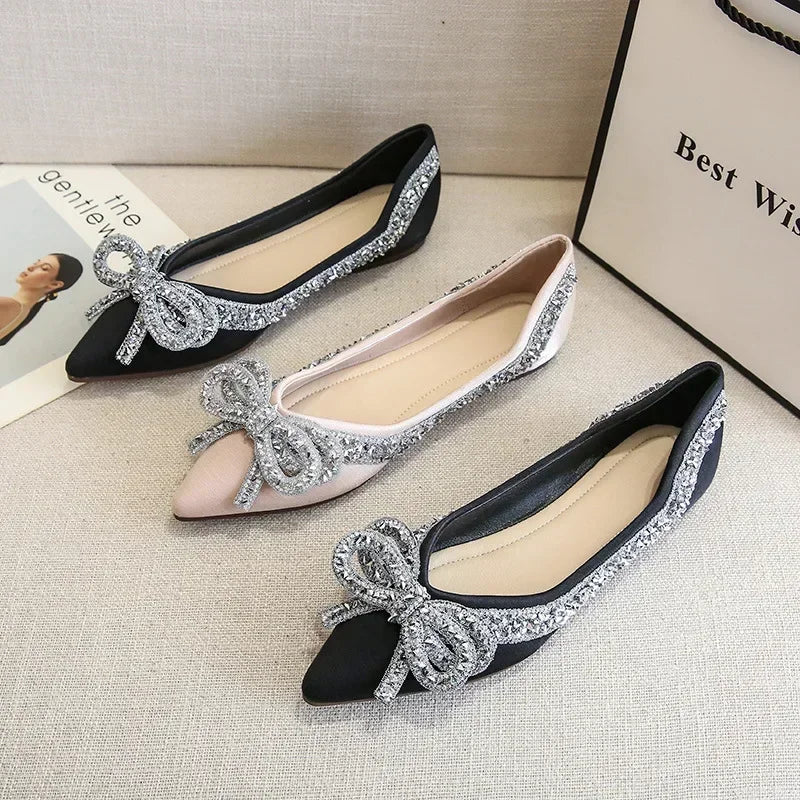 Soufree  -  unique shoes Ballet Flats Shoes for Women Fashion Rhinestones Bow Flat Footware Female Plus Size Moccasin Boat Shoes Chaussure Femme