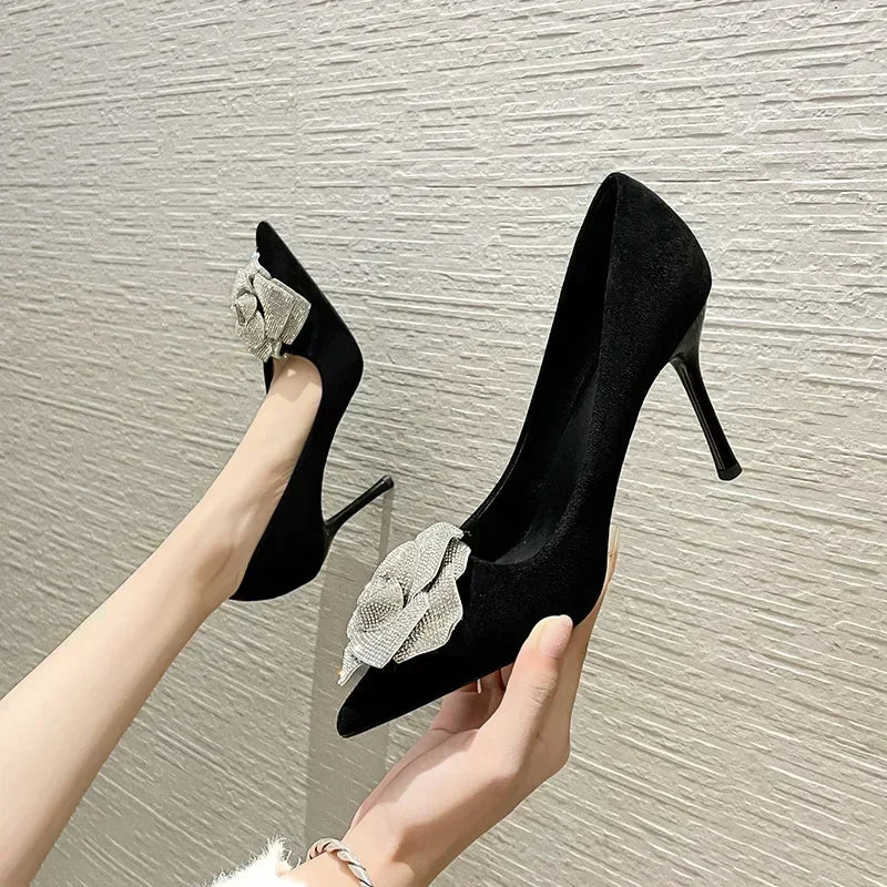 Soufree  -  prom shoes Luxury Rhinestone Flower Pumps Women Pointed Elegant Office High Heeled Female Fashion Party Dress Shoes Floral Thin High Heel