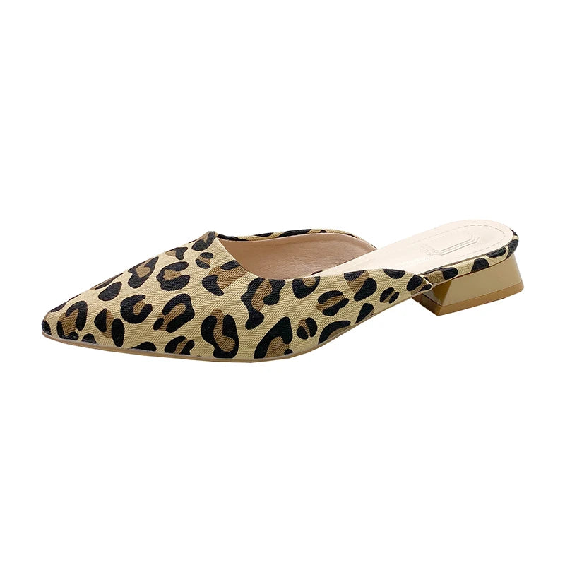 Soufree  -  New Summer Women Leopard Mules Slippers Fashion Shallow Pointed Toe Slides Shoes Ladies Casual Outdoor Low Heel Sandalias