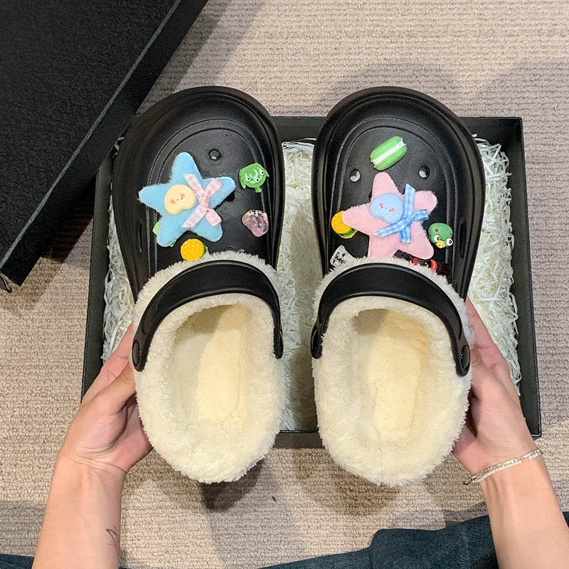 Soufree  -  Women's Fashion Round Head Thick Bottom Five-pointed Star Plus Fleece Flip-flops Autumn New Baotou Slippers