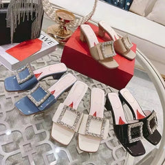 Soufree  -  Square buckle rhinestone fashionable women's shoes new square toe low thick heel open toe elegant sandals for external wear