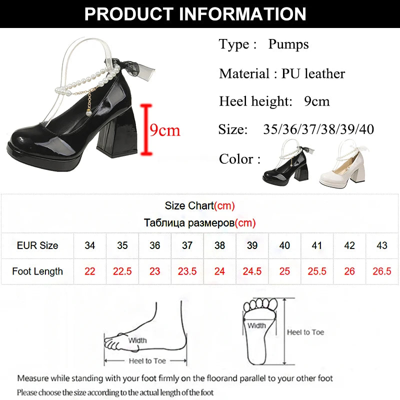 Soufree  -  Fashion Pearl Ankle Strap Pumps for Women Elegant Silk Bow High Heels Mary Janes Woman String Bead Platform Party Shoes Ladies