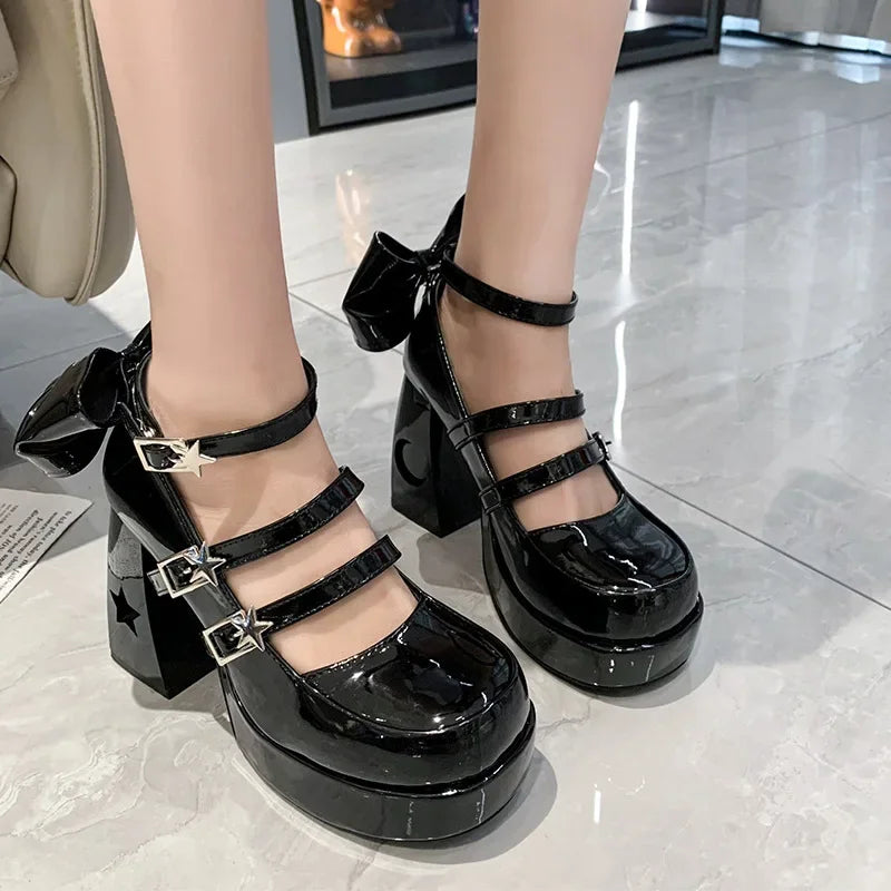 Soufree  -  Y2k Chunky Platform High Heels Pumps Women Spring Blue Thick Heel Mary Jane Lolita Shoes Women Patent Leather Cosplay Shoes