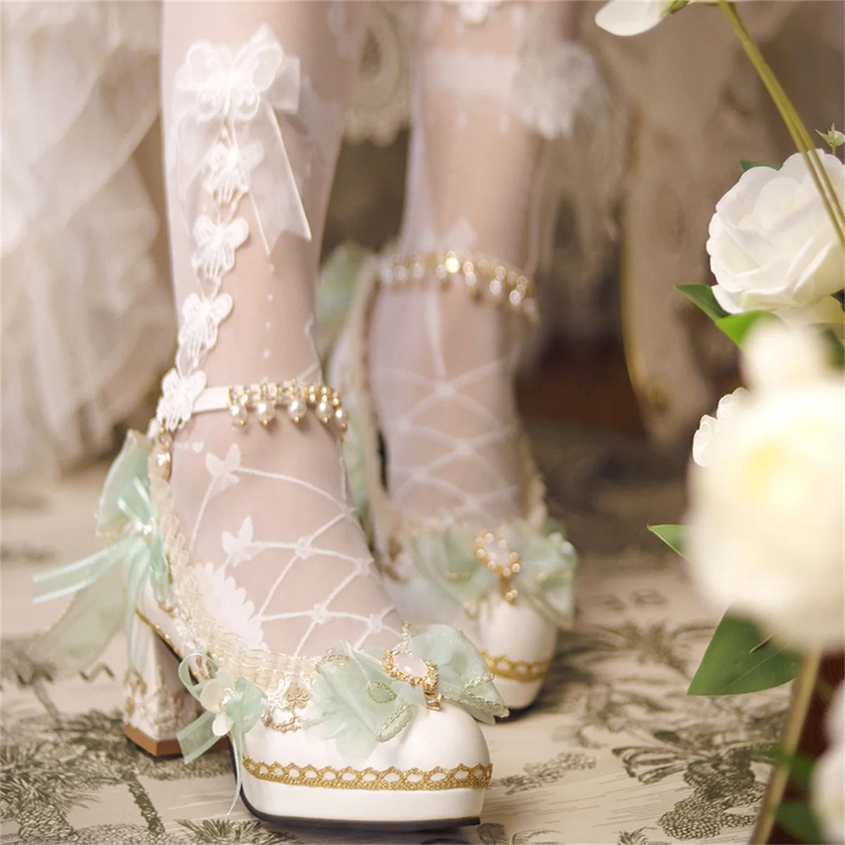 Soufree  -  French Vintage Lolita Girls Shoes Elegant Tea Party Palaca Ribbon Bowknot Pearls Gems Lace Pointed Sandals 5-6cm High Heeled