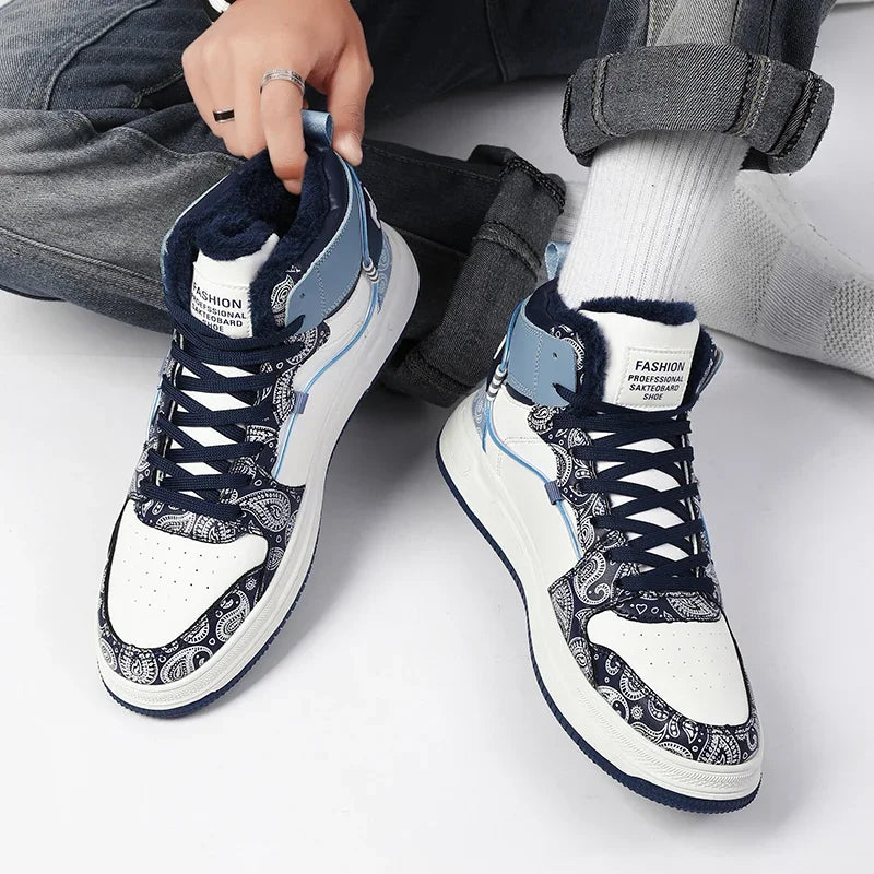 Soufree  -  Winter Men's High Top Lace Up Vulcanized Shoes Flat Shoes Casual Versatile Warm Men's Sports Shoes Blue Sneakers for Men