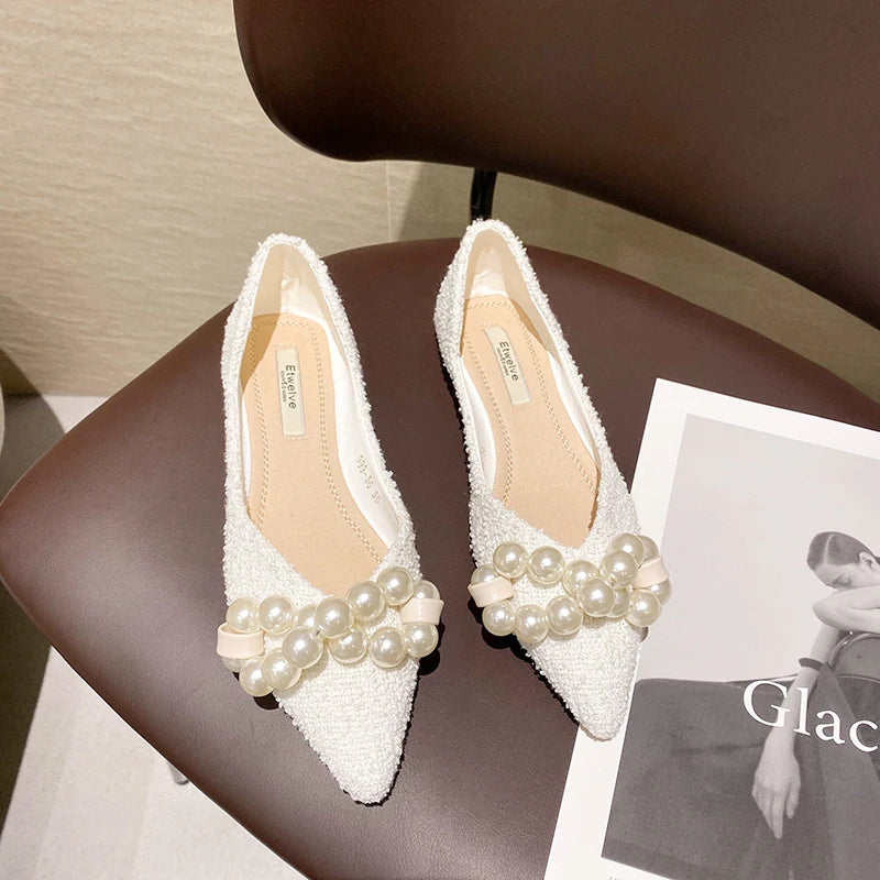 Soufree  -  Flat Shoes for Women Spring Summer New Big Pearls Green White Women Flats Slip on Casual Loafers Zapatillas Mujer 44 45 46