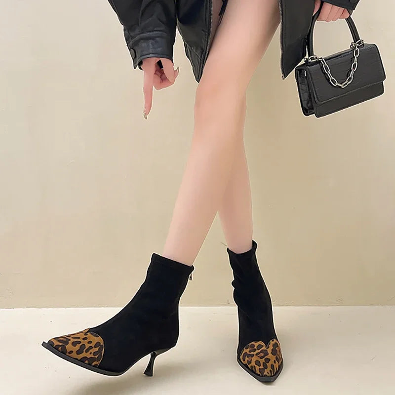 Soufree  -  Leopard Women Ankle Boots Fashion Pointed Toe Short Booties Designer Thin High Heels Stripper Shoes Botas Mujer