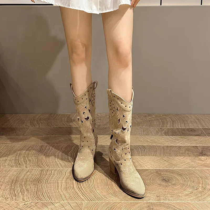 Soufree  -  Hollow Embroidered Vintage Western Boots Women Autumn Chunky Heels Knee High Cowboy Boots Woman Pu Leather Knight Booties