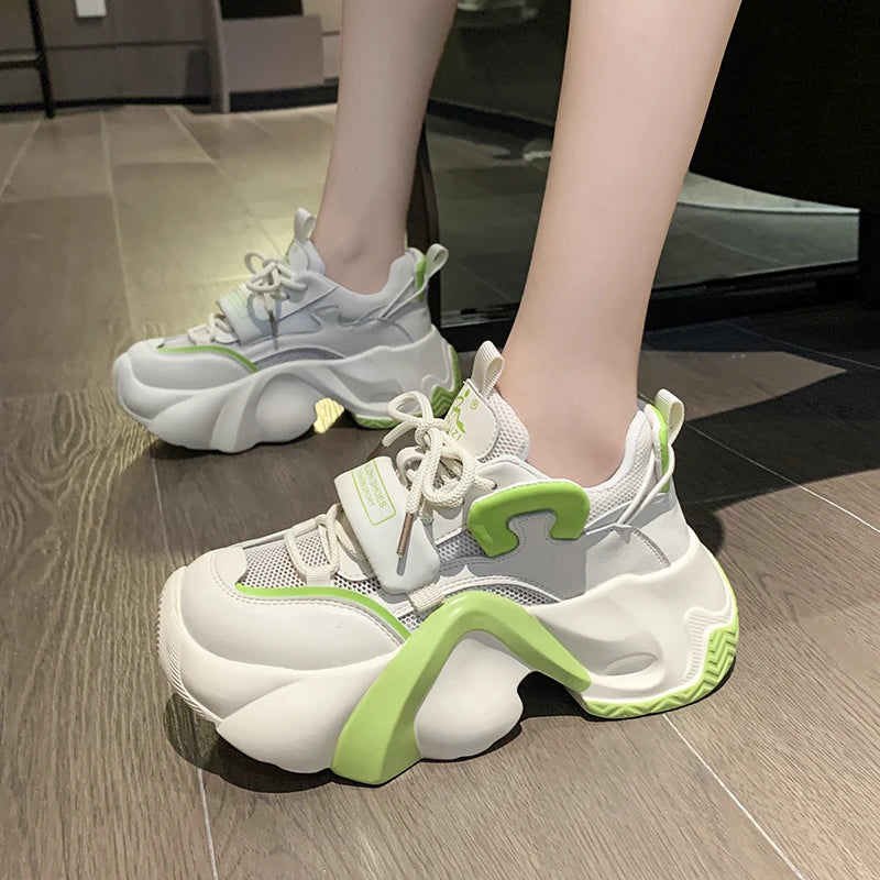 Soufree  -  Chunky Sneakers Flats Lace Up High Heels Round Toe Women Shoes Breathable Mesh Thick Sole Platform Vulcanize Shoes Plus Size