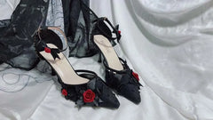 Soufree  -  Black Satin Red Rose High Heels Woman Sandals Elegant Ladies Pointed Toe Ankle Buckle Pumps Cosplay Lolita Party Wedding Shoes