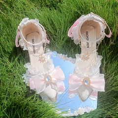 Soufree  -  Original Flower Wedding High Heels Lolita Pink Blue Thin Heel 6cm 8cm Lolita Cute Gentle French Sweet Loli Single Shoes