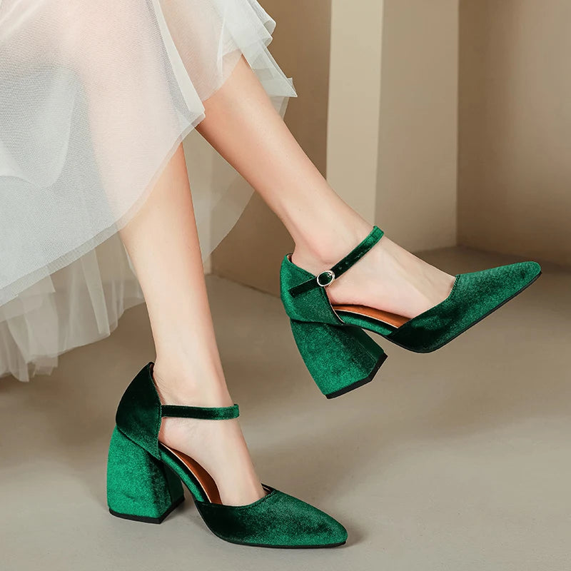 Soufree  -  Elegant Velvet High Heels Shoes Female Sexy Ankle Straps Black Green Women's Heeled Pointy Party Shoe Dress Pumps Ladies 45