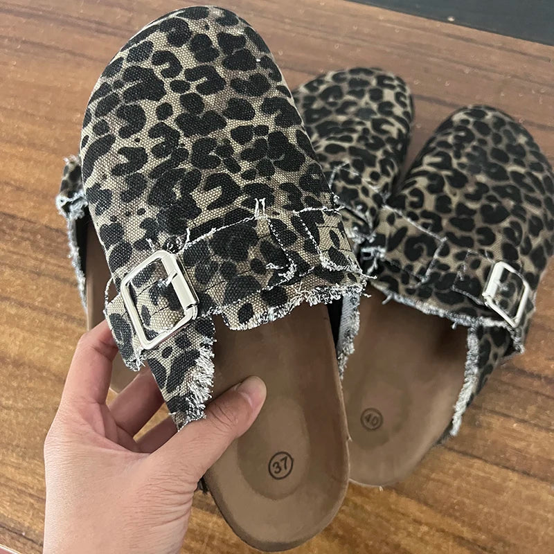 Soufree  -  Spring Classic Women's Closed Toe Cork Sandals Slippers Ladies Leopard Cork Slippers Camo Mule Clogs Shoes Flats Hot Sale