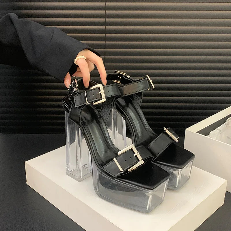 Soufree  -  Transparent Platform Sandals Women Pumps Square Toe High Heel Sandals Female Belt Buckle Open-toe Stripper Party Bridal Shoes