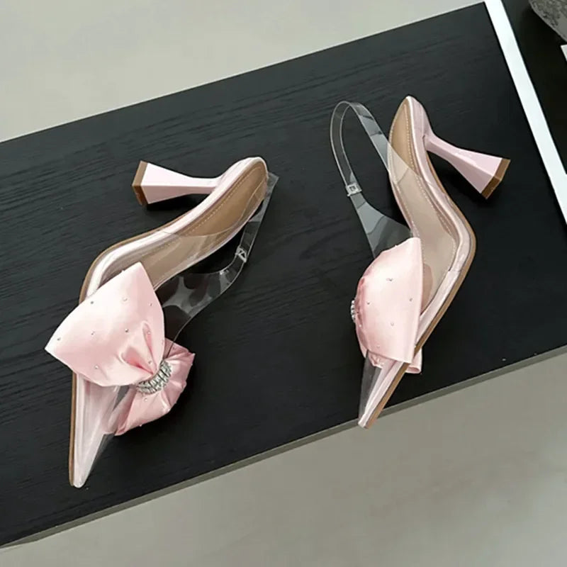 Soufree  -  Women Pumps Fashion Butterfly-knot Pointed Toe PVC Transparent High Heels Sandals Summer Wedding Banquet Female Mules Shoes