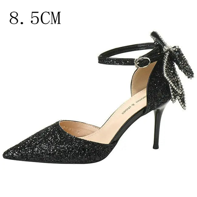 Soufree  - 8.5cm Wedding High Heels Bling Sequined Stiletto Heel Work Pumps Back Bowknot Pointed Toe Party Women's Shoes