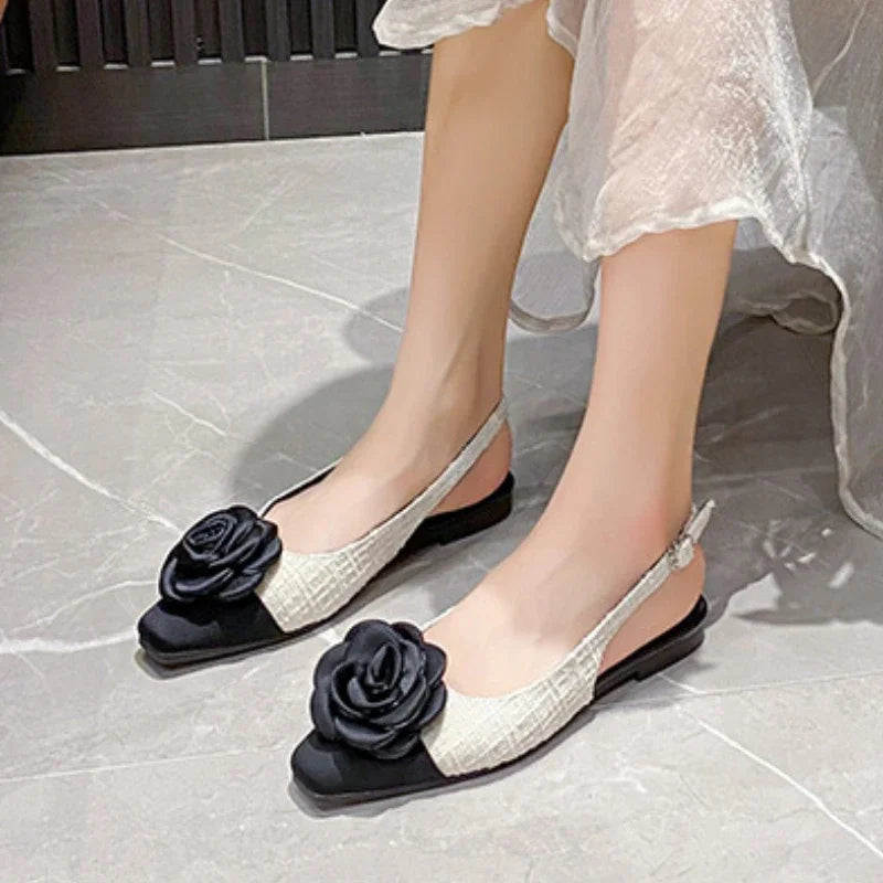 Soufree  -  Elegant Black Flower Flat Sandals Summer Fashion Square Toe Soft Sole Flats Comfortable Breathable Slingback Ladies Shoes