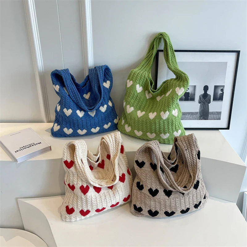 Soufree  -  Heart Knitted Women's Bag Knit Eco Bag Korean Foldable Shopper Y2K Crochet Rope Shoulder Bag Sweet Knitting Handbag Ins Tote Bag