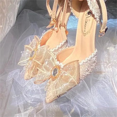 Soufree  -  Elegant Retro Lolita Court Style Cosplay Flower Wedding Girl Gorgeous Satin Bow Pearl Gem Ribbon Flower 8.5cm High Heels Shoes