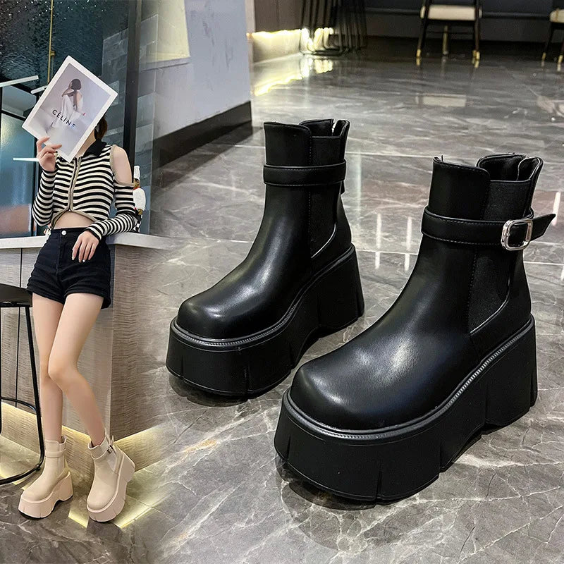 Soufree  -  Winter New Woman Platform Ankle Boots Fashion Round Toe Pu Ladies Elegant Short Boots Shoes Thick Bottom Women's Footwear