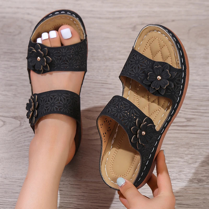 Soufree  -  Plus Size Women's Shoes Summer Retro Roman Sandals Women Pu Casual Flower Wedge Sandals Slippers Women Platform Slippers