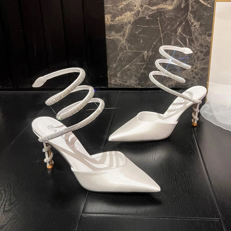 Soufree  -  sandals for women in summer, sexy snake shaped wrapped rhinestone suede pointed high heels, white satin wedding shoes