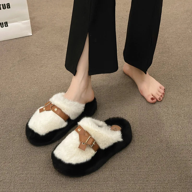 Soufree  -  Slippers Casual Flock  Platform Shoes New Fur Flip Flops Cover Toe Slipers Women Slides Luxury Plush Flat Rubber Slippers