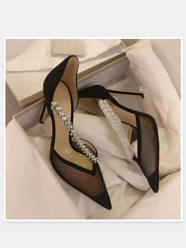 Soufree  -  Black High Heels New Pointed Hollow Rhinestone Fine Heel Banquet Women's Shoes