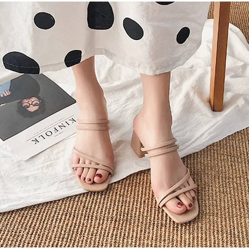 Soufree  -  Women Sandals Ladies Square Heels Elegant Summer Slippers Outside Cross Tied Leather Female Slides Fashion Woman Sandals