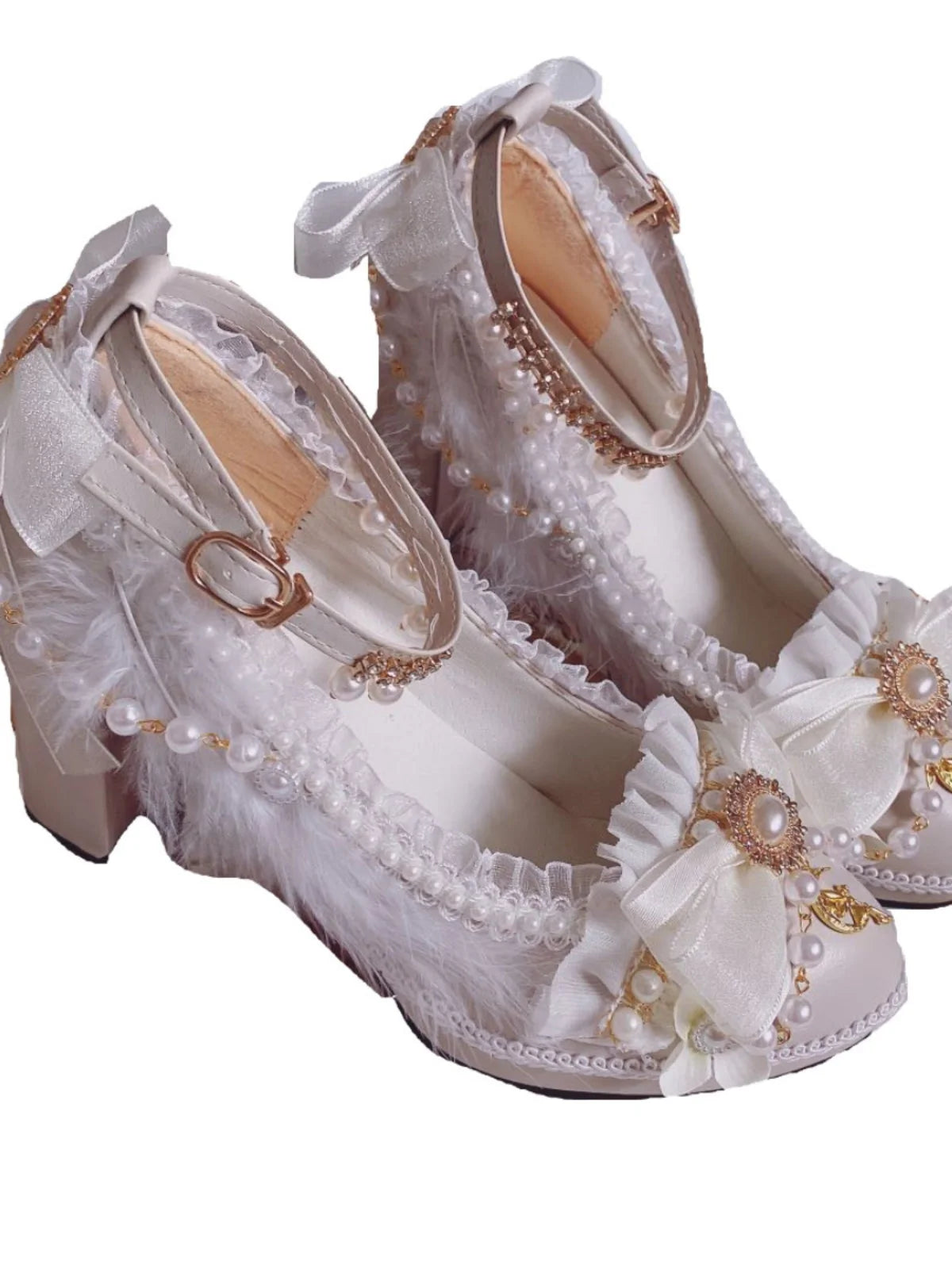 Soufree  -  Exquisite Girl Lolita Handmade Lo Shoes Bridal White Gold High Heels Sweet Women's Stage Performance Shoes Adult Gift