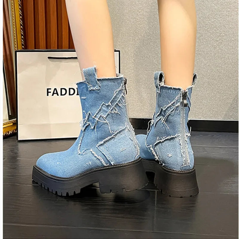 Soufree  -  Cowboy Fabric Ankle Boots Women Retro Thick Heel Platform Boots for Women Original Design Pointed To Chelsea Bota Feminina