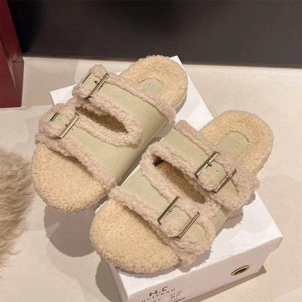 Soufree  -  House Slippers Platform Fur Shoes Glitter Slides Beige Heeled Sandals Slipers Women Med Plush Jelly Soft Flat Black Casual