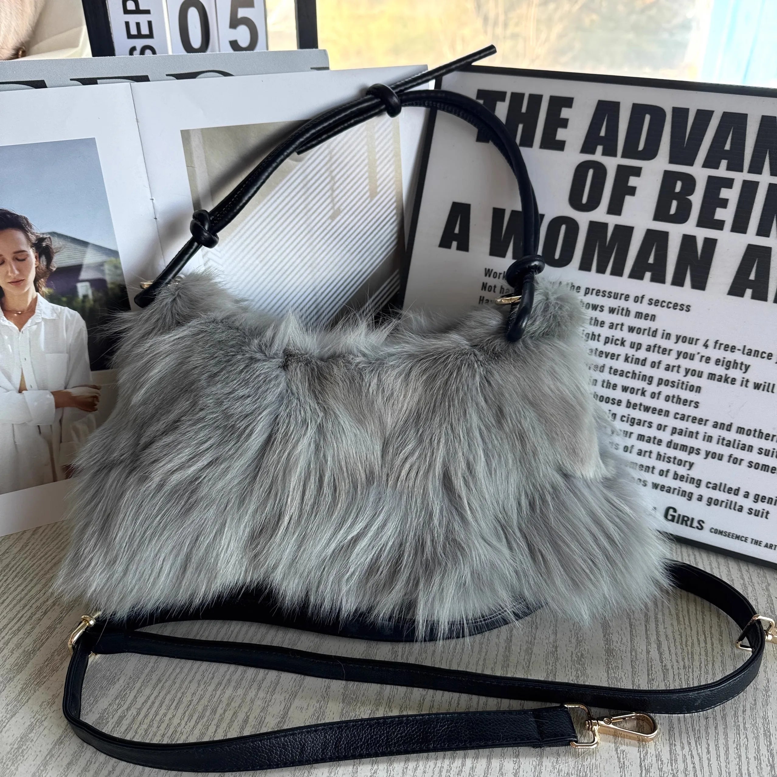 Soufree  -  Winter Fox Fur Bag Women's  Bag Fashion  Handbag Ladies Bags Purses Women Shoulder Bag Real Silver Fox Fur Messenger Bags