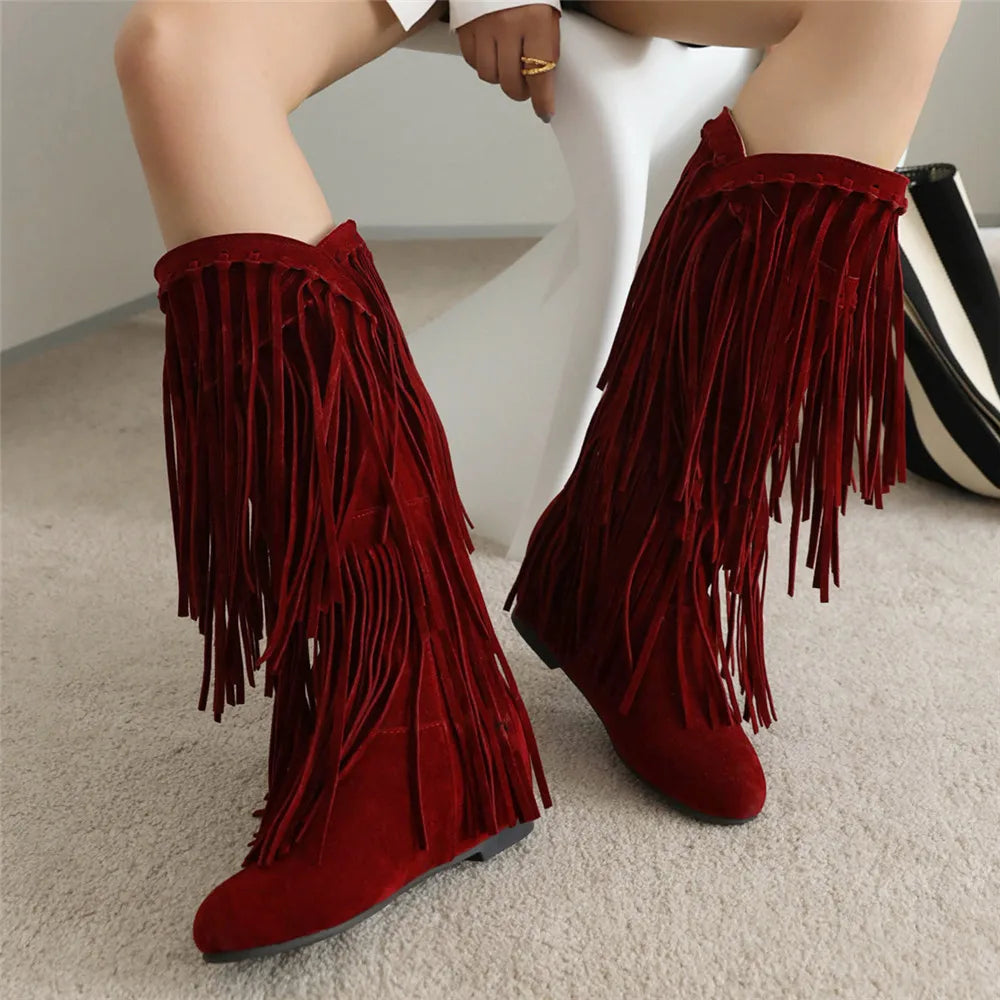 Soufree  -  Fashion Ethnic Woman Bohemian Flock Tassle Hidden Moccasin Mid-Calf Boots Fringe Female Slip On Shoes Autumn Winter New