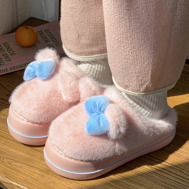 Soufree  -  Women Warm Fluffy Slippers Cute Bow Winter Home Floor Shoes Soft Plush Anti-slip Girl Indoor Cotton Slides Light Weight Footwear