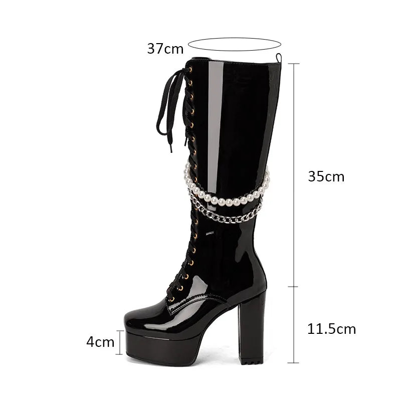 Soufree  -  Womens Platform Knee Thigh Boots Chunky High Heels Patent Leather Shoes Pearls Metal Chain Lace Up Lady Dance Shoes Size 42 43