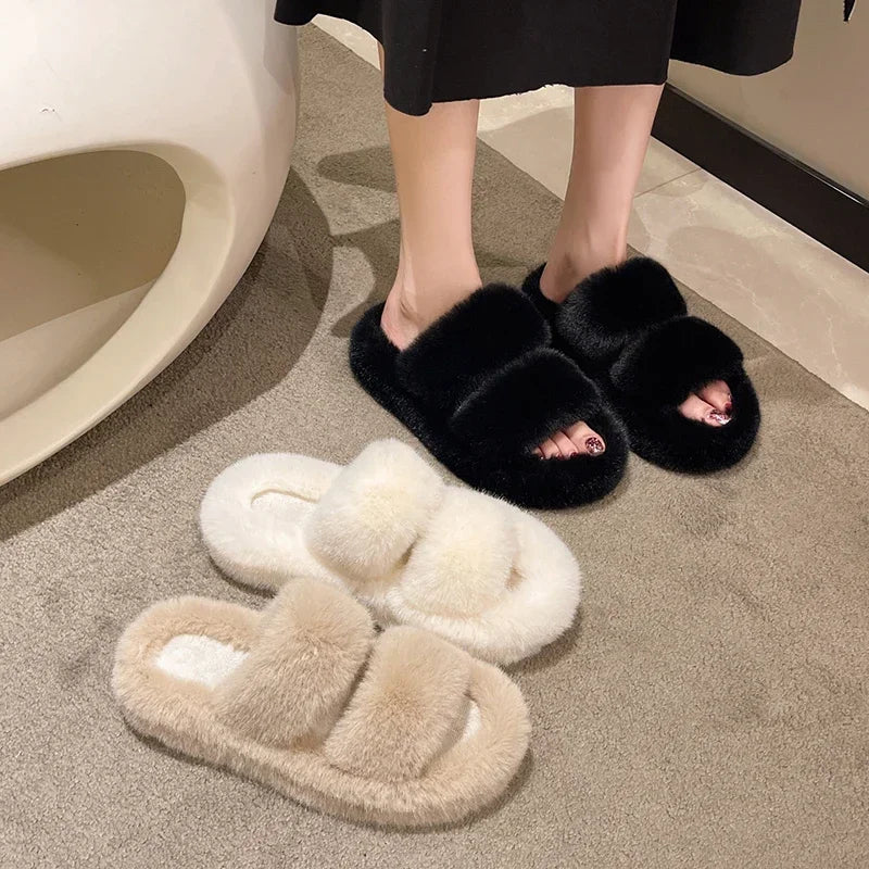 Soufree  -  New Winter Open Toe Slipper Fashion Fur Thick Sole Flats Heel Ladies Casual Slip On Bedroom Shoes Soft Outdoor Slides Shoes