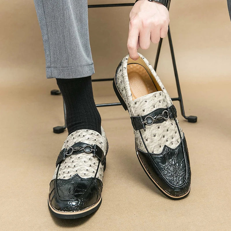 Soufree  - Fashion Penny Slip On Loafers Leather Men Shoes Crocodile Texture Pointed Toe Dress Business Unique Casual Party Shoes Man