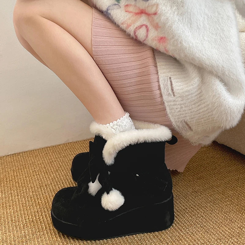 Soufree  -  Winter Lolita Style Warm Plush Women Snow Boots Fashion Platform Thick Heel Short Booties Casual Comfort Cotton Shoes