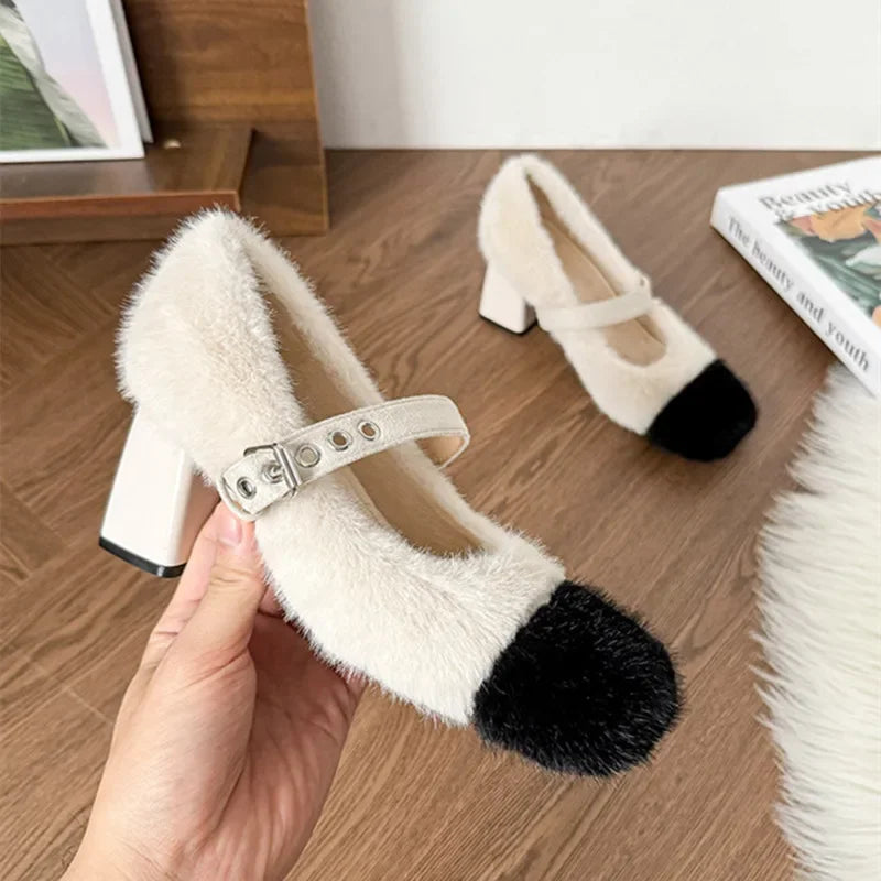 Soufree  -  Fashion Furry Mary Jane Shoes Women Winter Cute Warm High Heels Square Heel Belt Buckle Design Women Pumps Zapatos De Mujer