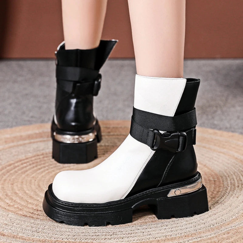 Soufree  -  New Designer Boots Women Chunky Heel Square Toed Ankle Boots Women Mid-calf High PU Leather Zipper Belt Buckle Platform Botas