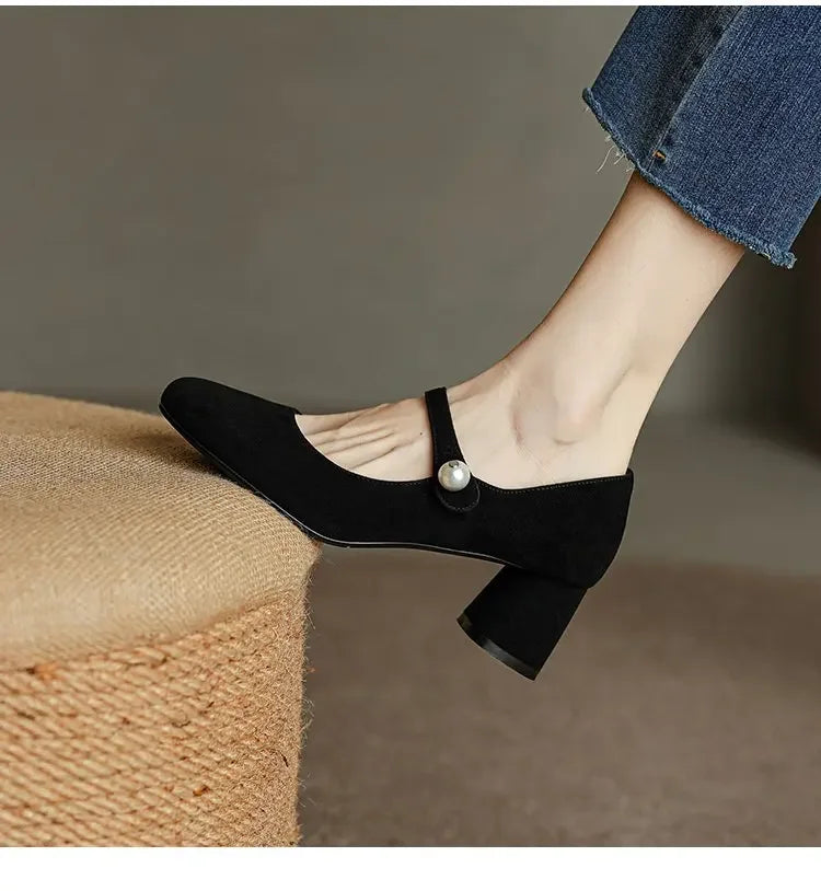 Soufree  -  summer shoes Women's Mary Janes Shoes Vintage Office Dress Shoes Black  Pumps Pearl Buckle Mid Heels